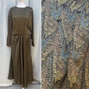Norma Walters green brown feather print long sleeve silk dress
